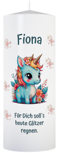 Kerze mit Name personalisiert mit einem süßen Einhorn mit dem Text: für dich Solls heute Glitzer regnen