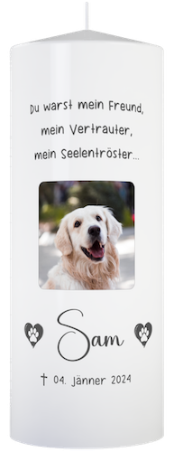 Trauerkerze für Hunde, Katzen und Pferde - personalisiert mit Foto, Name und Spruch für Tiergedenken