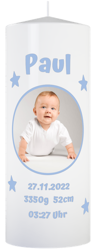 Personalisierte Kerze mit Babyfoto von Jungen mit Angabe von Name, Geburtsdatum, Gewicht, Größe und Geburtszeit.