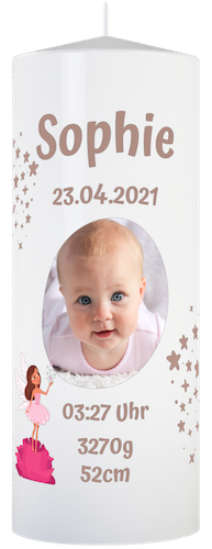 Personalisierte Kerze mit Babyfoto von Mädchen, mit Angabe von Name, Geburtsdatum, Gewicht, Größe und Geburtszeit.