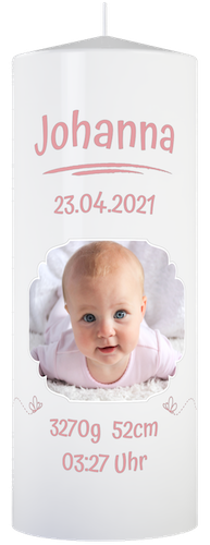 Babykerze Mädchen mit dem Namen, Geburtsdatum, Gewicht und Grösse des Babys inkl. Foto.
