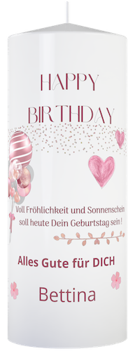Personalisierte Geburtstagskerze mit Namen und rosa Herzen und Luftballon.