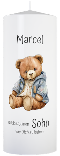 Personalisierte Kerze für Sohn mit Namen und Zeichnung von Bären.