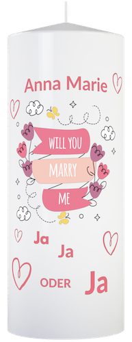Kerze als Heiratsantrag mit dem Text: Will you Marty me - ja ja oder ja