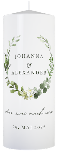 Hochzeitskerze mit Blätter Kranz personalisiert - mit Text: Aus zwei mach eins
