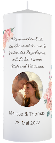 Hochzeitskerze personalisiert mit Namen und Foto, mit Spruch:Wir wünschen Euch, eine Ehe so schön, wie die Farben des Regenbogens, voll Liebe, Freude, Glück und Vertrauen.