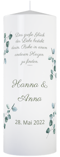 Hochzeitskerze mit Blätter und Name personalisiert - Spruch:Das große Glück der Liebe besteht darin, Ruhe in einem anderen Herzen zu finden.