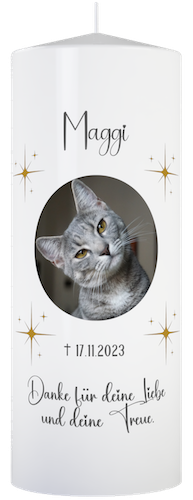 Andenken an verstorbene Katze - Trauer Kerze für Tiere, mit Foto und Name personalisiert