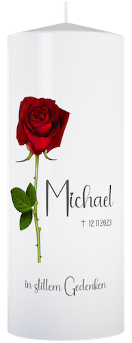 Trauerkerze mit Name personalisiert, mit roter Rose zum Andenken