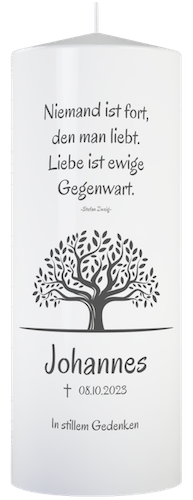 Moderne Trauerkerzen mit Lebensbaum - Trauerkerze mit dem Text: Niemand ist fort, den man liebt. Liebe ist ewige Gegenwart. In stillem Gedenken an.