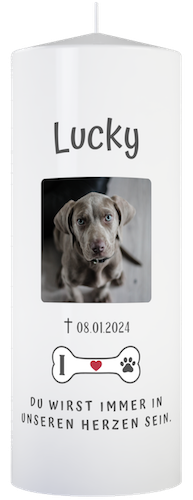 Andenken an verstorbenen Hund, Trauerkerze für Haustiere mit Foto und Name personalisiert