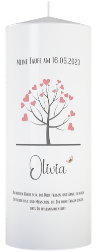 Taufkerze mit Lebensbaum mit rosa Herzen und Name personalisiert, mit Spruch: