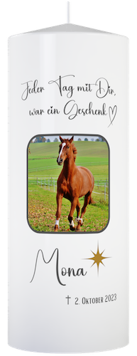 personalisierte Trauer Kerze für Tiere (Pferd) mit Foto, Namen und Sterbedatum