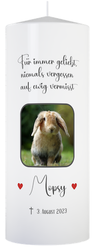 personalisierte Trauer Kerze für Tiere (Hase) mit Foto, Namen und Sterbedatum