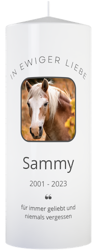 personalisierte Trauer Kerze für Tiere (Pferd) mit Foto, Namen und Jahreszahlen