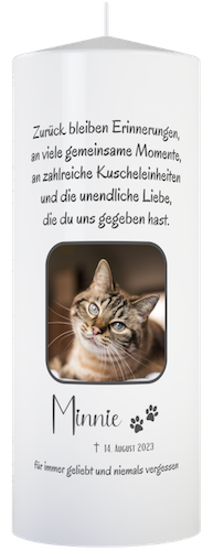 personalisierte Trauer Kerze für Tiere (Katze) mit Foto, Namen und Sterbedatum