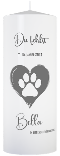 Andenken an verstorbenen Hund, Kerze mit Herz in dem eine Pfote abgebildet ist. Personalisiert mit Name und Sterbedatum.