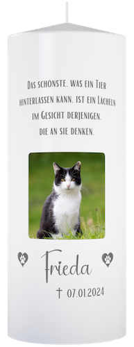 Erinnerung an dein Haustier. Trauerkerze personalisiert mit Trauerspruch, Foto und Name für Hund, Katze und Pferd.